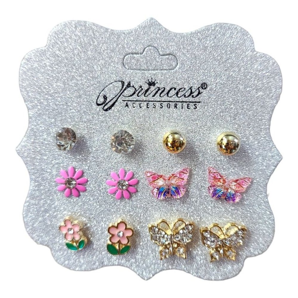 Princess Accessories Womens Butterfly Flower 6 Pairs Of Stud Earrings - NEW